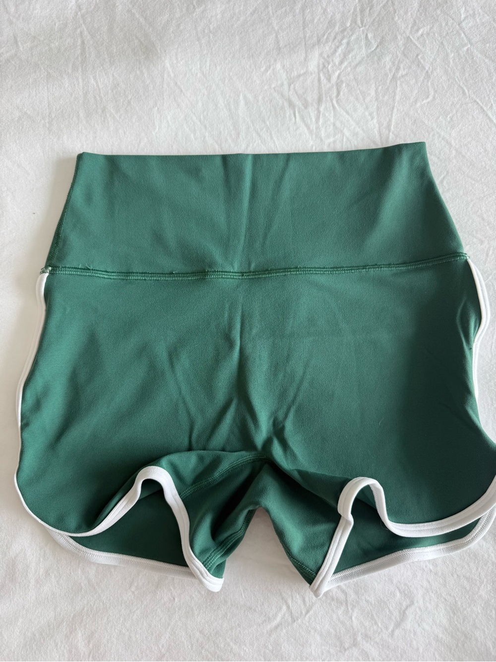 Athleta High-Waist Green Women's Athletic Shorts with White Trim